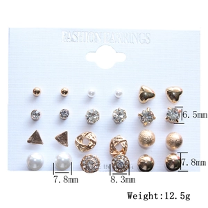 12-pair fashion earring set featuring gold and silver studs with pearls and zircons