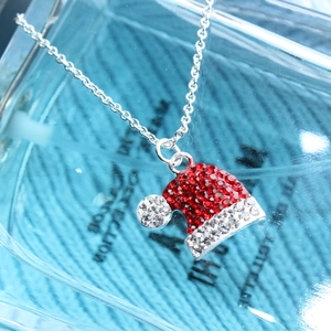 Christmas hat necklace set with red and white rhinestones on silver chain jewelry
