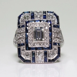 Vintage Art Deco Square Blue Zirconia Copper Ring For Women Western Style Geometric Rhinestone Inlaid Banquet Jewelry Gift