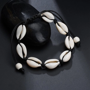 Handmade natural cowrie shell braided bracelet with black adjustable cord for beach style