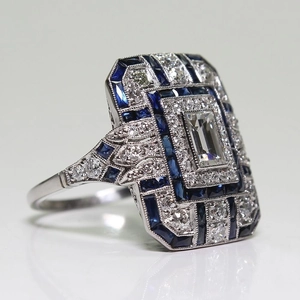 Art Deco square blue sapphire and zircon ring with micro-pave crystals in white gold finish