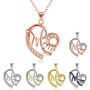 Elegant two-tone Mom heart pendant necklace with rhinestones in five color variations