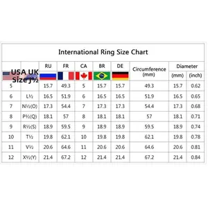 International ring size chart for three-piece rhinestone ring set USA sizes 5 to 12