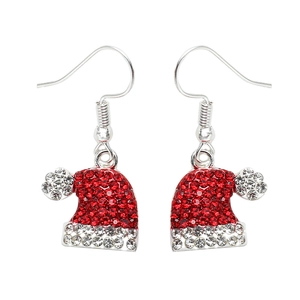 Christmas hat earrings with red and white sparkling rhinestones on a white background
