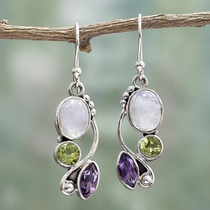 Vintage 925 silver hook earrings with oval moonstone, peridot and amethyst stones