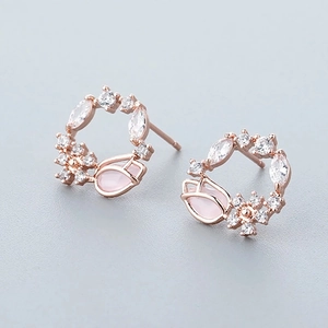 Elegant rose gold flower wreath earrings with pink opal and sparkling zircon stones