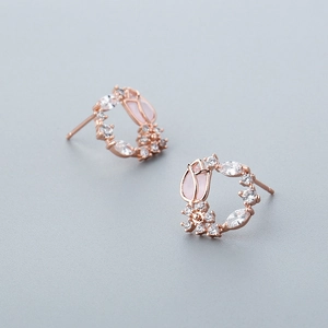 Rose gold tulip wreath stud earrings with pink petals and sparkling white zircons