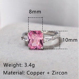 Square pink zircon ring with emerald cut and side clear stones in copper silver finish