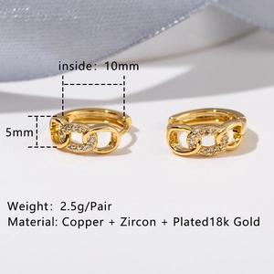 Macro view of 18K gold plated chain earrings with 10mm inner diameter and zircon stones