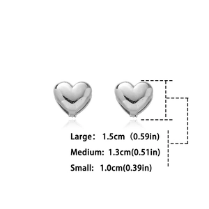 Detailed size guide for silver heart hoop earrings showing 1.0cm, 1.3cm and 1.5cm options