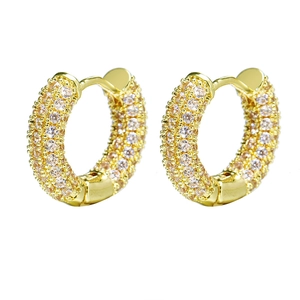 Men's hip hop gold hoop earrings with three rows of micro-pave white zircon crystals
