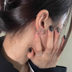 Silver metal screw back earrings and cartilage cuff set on model ear, minimalist style