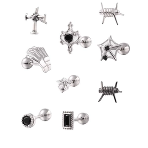 Set di orecchini punk in acciaio inossidabile con disegni di croce teschio e zircone