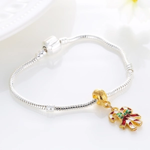 Silver snake chain bracelet with gold bead and colorful Christmas candy cane charm