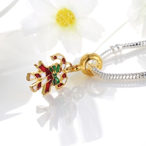 Christmas candy cane pendant with red white enamel and green bow on silver snake chain