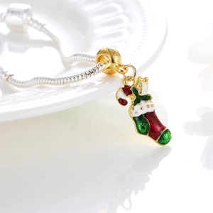 Christmas stocking and candy cane pendant charm on silver snake chain with gold bead