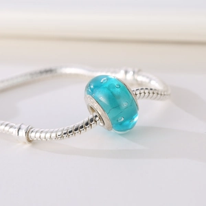 Blue bubble glass charm bead on a classic silver snake chain DIY bracelet for women
