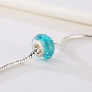 Blue bubble glass charm bead on silver snake chain bracelet with S925 engraving