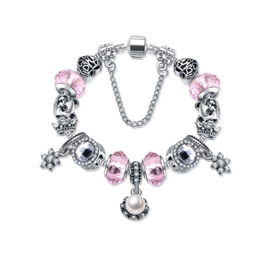 Silver beaded bracelet with pink glass charms, flower pendants and a white pearl drop