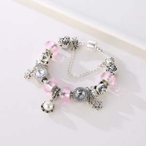Romantic pink crystal beaded bracelet with panda charms and pearls for Valentine's gift