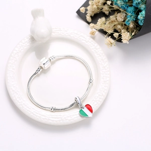 Silver snake chain bracelet with enamel heart pendant featuring Italy flag colors