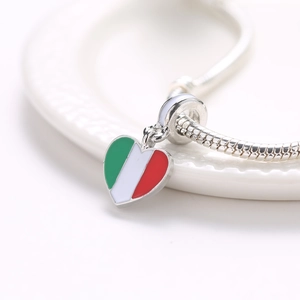 Italian flag heart charm pendant in enamel on silver snake chain bracelet accessory