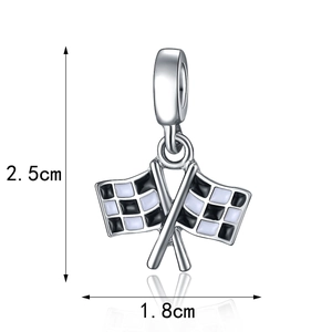 Racing checkered flag charm pendant in silver metal and black enamel finish, 2.5cm x 1.8cm
