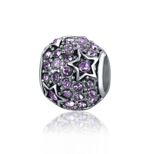 S925 sterling silver star charm bead with purple cubic zirconia stones for DIY bracelets