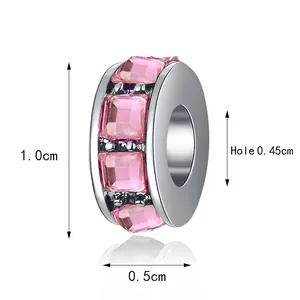 Cuenta de plata con cristales rosas, 1,0cm de alto y agujero de 0,45cm para joyas DIY