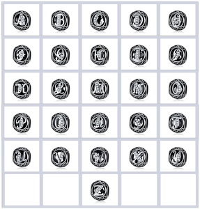 Detailed grid showing 26 hollow alloy alphabet beads with inlaid rhinestones for DIY jewelry
