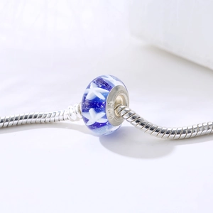 Blue starry glass bead with white star patterns and S925 silver core for DIY bracelets