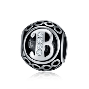 Ethnic style silver hollow bead pendant with letter B and sparkling zircon stones