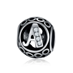 Ethnic hollow silver bead with letter A and zircon stones for DIY bracelet making