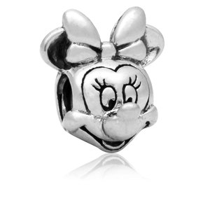 Close-up of vintage silver Minnie Mouse charm bead with iconic bow for DIY bracelets