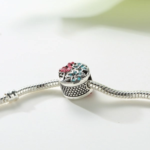 Bracciale oceano argento S925 con ciondolo floreale fenicottero traforato e cristalli
