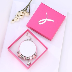 Pink Ribbon Heart Charm Beaded Bracelet Set For Women Zinc Alloy Rhinestone Glass Bead Braided Rope Bracelet Jewelry With Gift Box