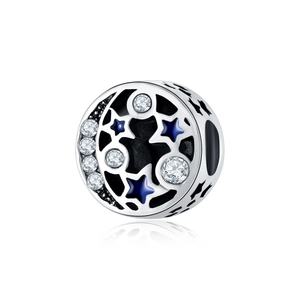 Bohemian silver star and moon charm with blue enamel and zircon for DIY bracelets