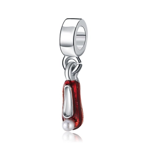 Red enamel ballet shoe charm with white pearl and silver bail for DIY beaded bracelets