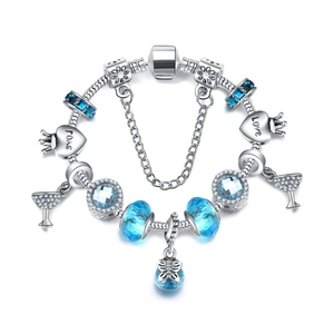Bracelet à charms en cristal bleu avec pendentif cœur Love et chaîne serpent argentée