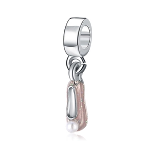 Detail of silver ballet slipper pendant with pink sequins and a white pearl accent