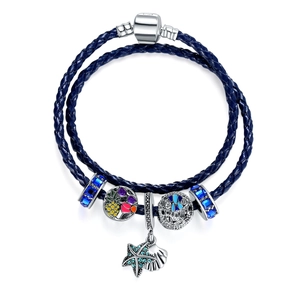 Ocean Theme Blue Braided Leather Double Wrap Charm Bracelet With Starfish Shell Pendant Alloy Enamel Beads Women Jewelry