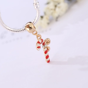 Christmas candy cane pendant with red white enamel and zircon on a silver chain