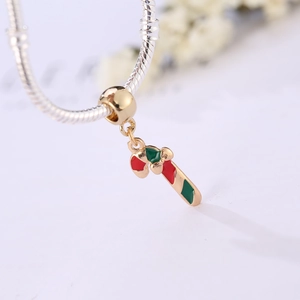 Christmas candy cane pendant with red and green enamel on silver chain necklace