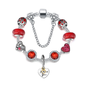 Silver snake chain bracelet with red crystal beads and I Love You heart charms