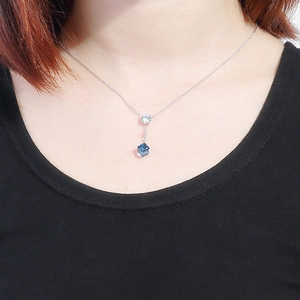 Minimalist Austrian crystal square pendant necklace in deep blue on S925 silver chain