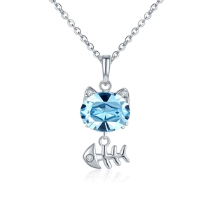 Lindo Collar con Colgante de Gato de Cobre y Cristal Artificial Azul Con Amuletos de Espina de Pescado Joyería de Animales Dulces Regalo para Mujer