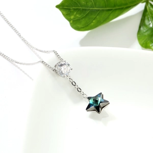 Elegant silver necklace with clear round zircon and blue star-shaped crystal pendant