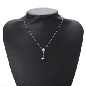Austrian blue star crystal necklace with silver chain on elegant black neck model display