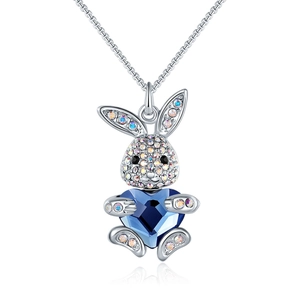 Cute Easter Bunny Pendant Necklace Blue Heart Austrian Crystal Silver Plated Rhinestone Clavicle Chain Jewelry Gift For Women