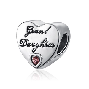 Polished silver heart charm with 'Grand Daughter' engraving and pink zircon stone